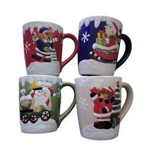 Christmas, Winter, Holiday Mugs Cups Set of 4 One Red One Blue One Tan One Green